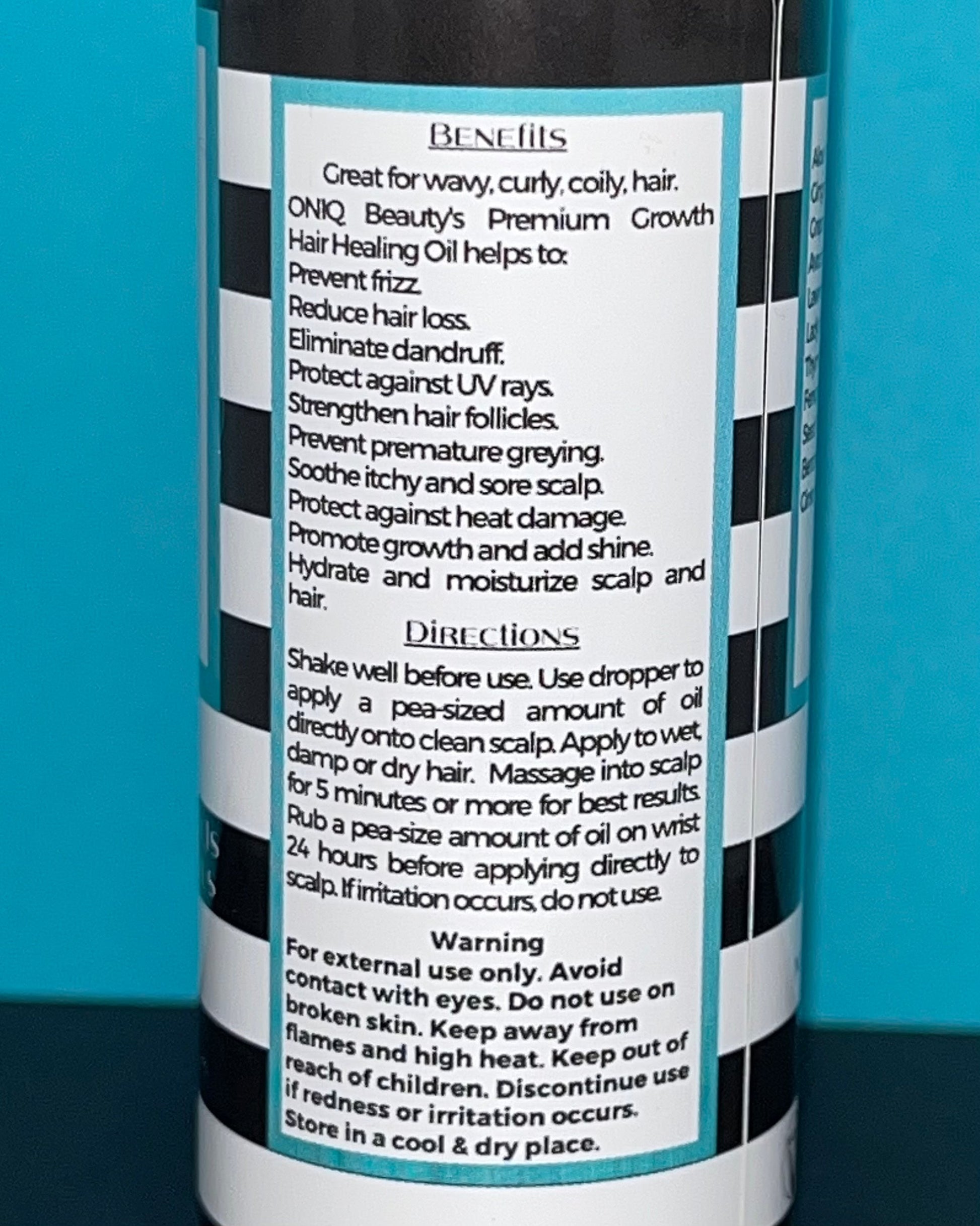 Benefits and Directions for use of ONIQ Beauty Premium Growth Hair Healing Oil with Aloe Vera, Oils and Herbs. Vegan, Alcohol-free, Chemical-Free, Not tested on animals.